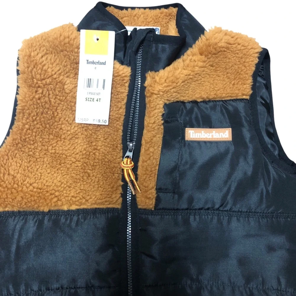 Timberland N.W.T. Size 4 Toddler Kids' Black‎ and Gold,Orange,Brown,Fleece Vest.